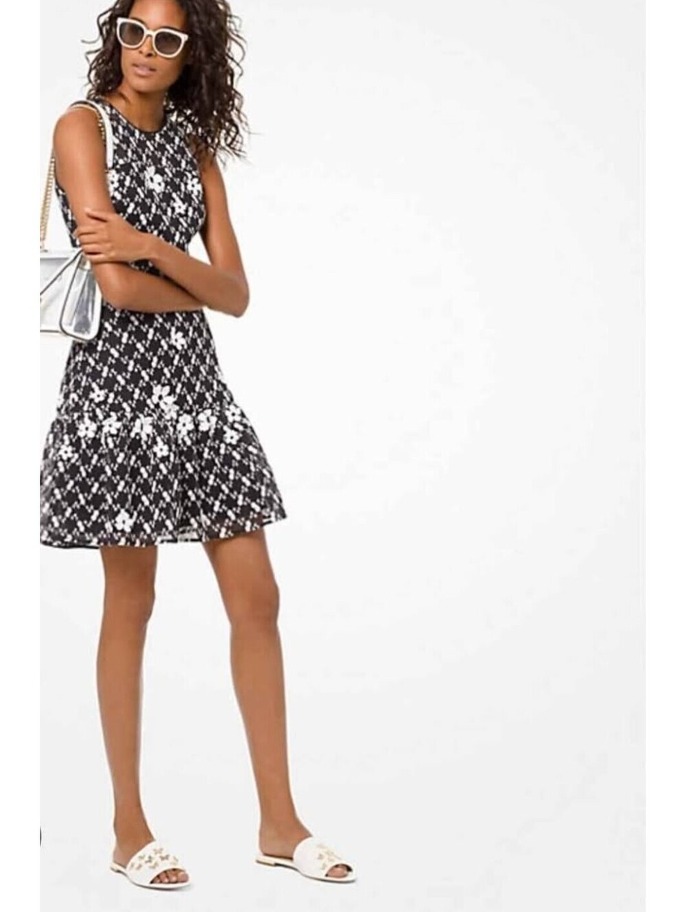 NWT Black/White 3D Floral lace Sleeveless A-Line Short Dress Lined SZ6